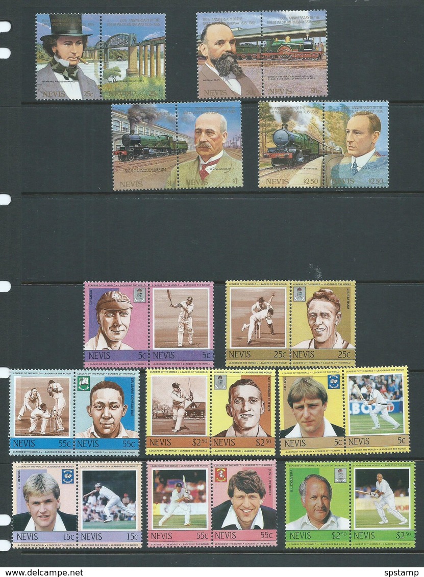 Nevis 1983 Leaders of the World Trains Autos Monarchs Birds & Cricket pairs complete MNH / MLH