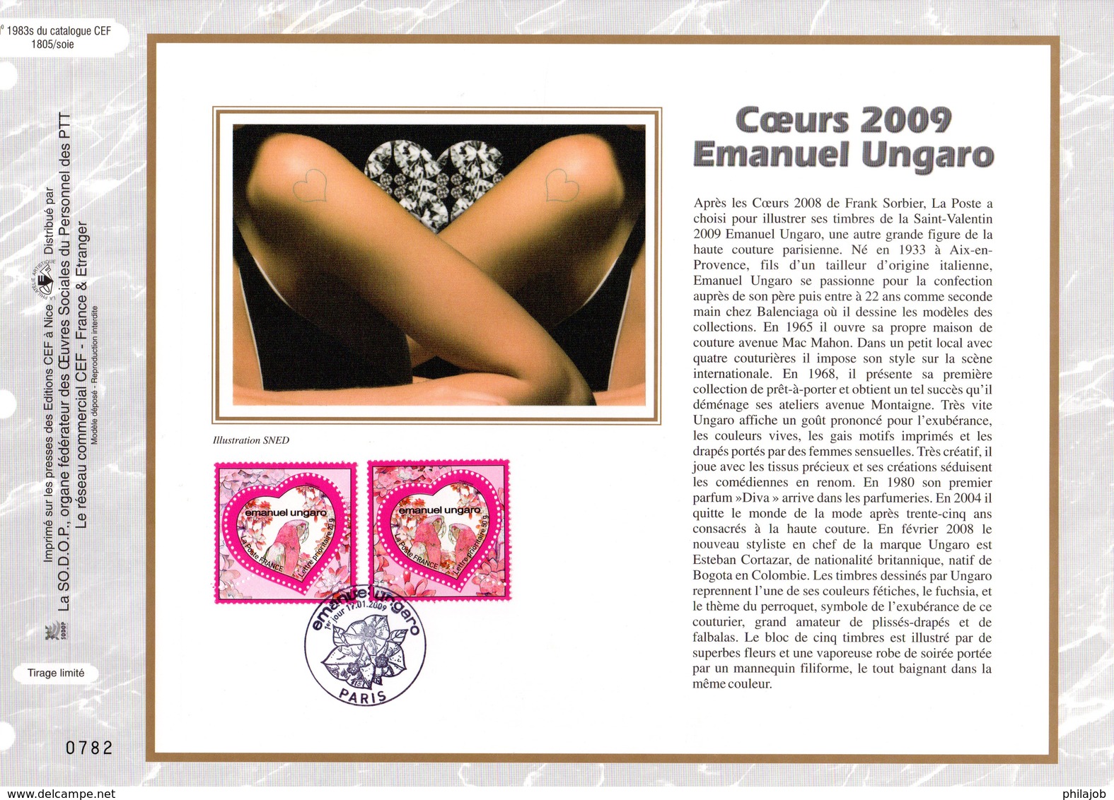 " SAINT-VALENTIN / COEURS D'E. UNGARO " Sur Feuillet CEF N°té En SOIE De 2009 N° 1983s N° YT 4327 4328 Parfait état FDC - 2000-2009