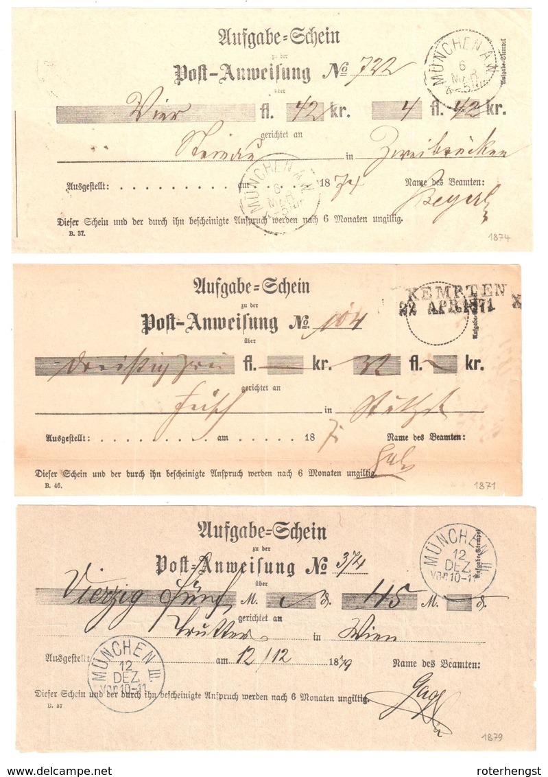 3 Aufgabescheine Kempten Und Muenchen 1871-74-79 - Other & Unclassified