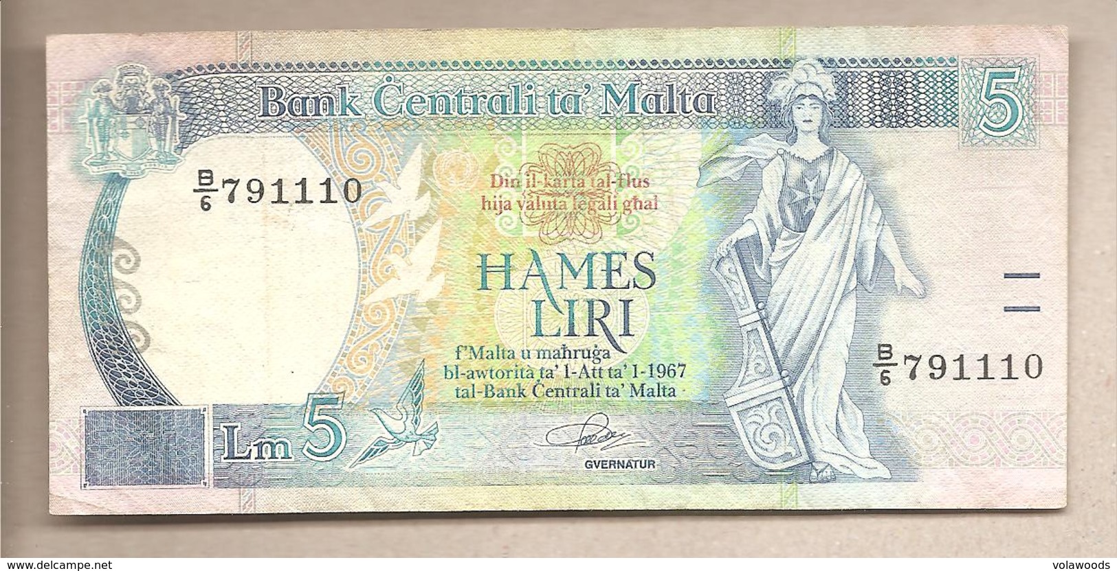 Malta - Banconota Circolata Da 5 Lire P-42 - 1989 - Malta