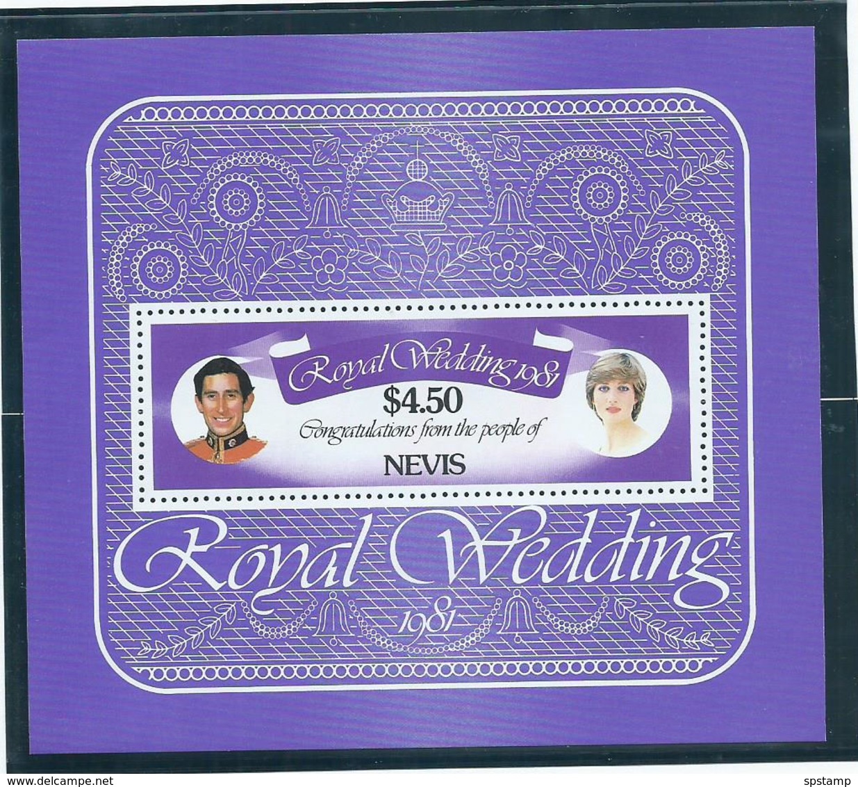 Nevis 1981 Charles & Diana Royal Wedding $4.50 Miniature Sheet MNH - St.Kitts And Nevis ( 1983-...)