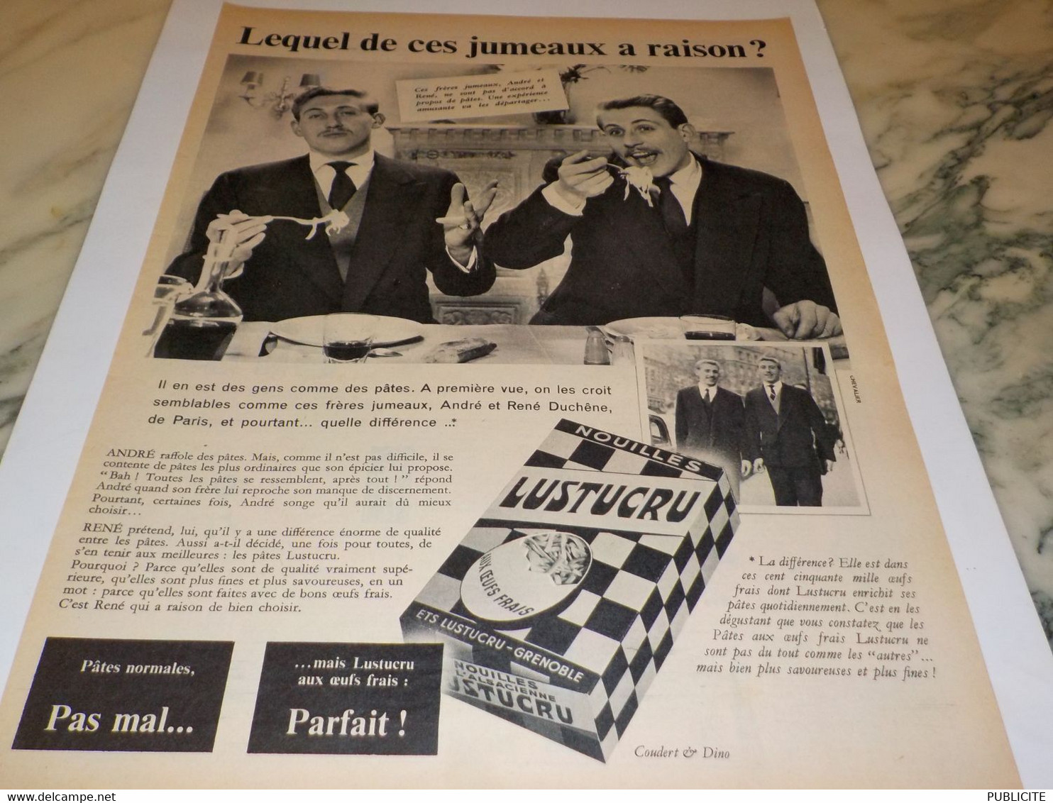 ANCIENNE PUBLICITE LEQUEL DES  JUMEAUX A RAISON PATE  LUSTUCRU 1958 - Autres & Non Classés