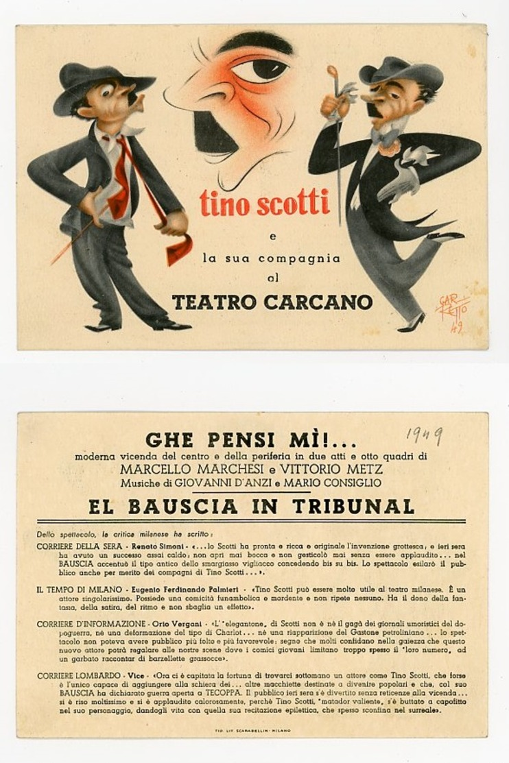 TINO SCOTTI- GARRETTO ILLUSTRATORE 1949 CARTONCINO PUBBLICITARIO ( 6/48) - Publicités