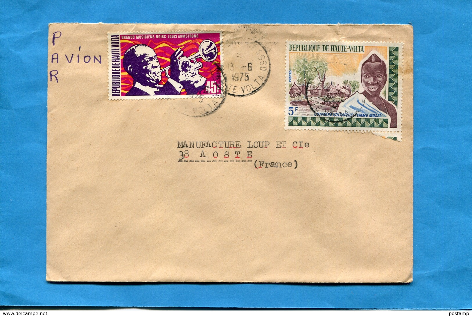 MARCOPHILIE- Haute Volta -lettre >Françe-cad 1975 Bobo Dioulasso-2stamp  N°268-L ARMSTRONG -JAZZ- - Haute-Volta (1958-1984)