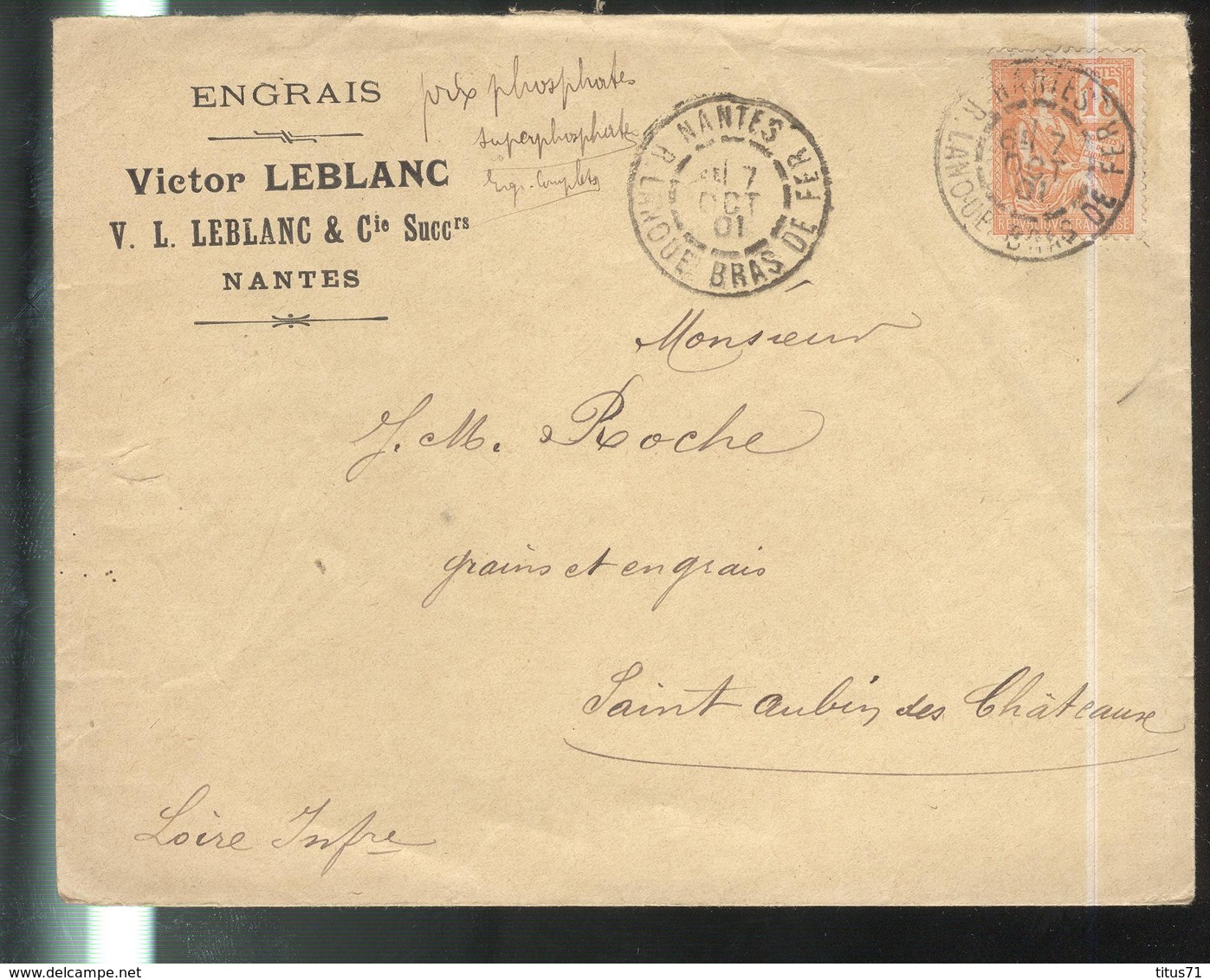 Marcophilie - Enveloppe Engrais Victor Leblanc - Nantes - 1901 - 1877-1920: Période Semi Moderne