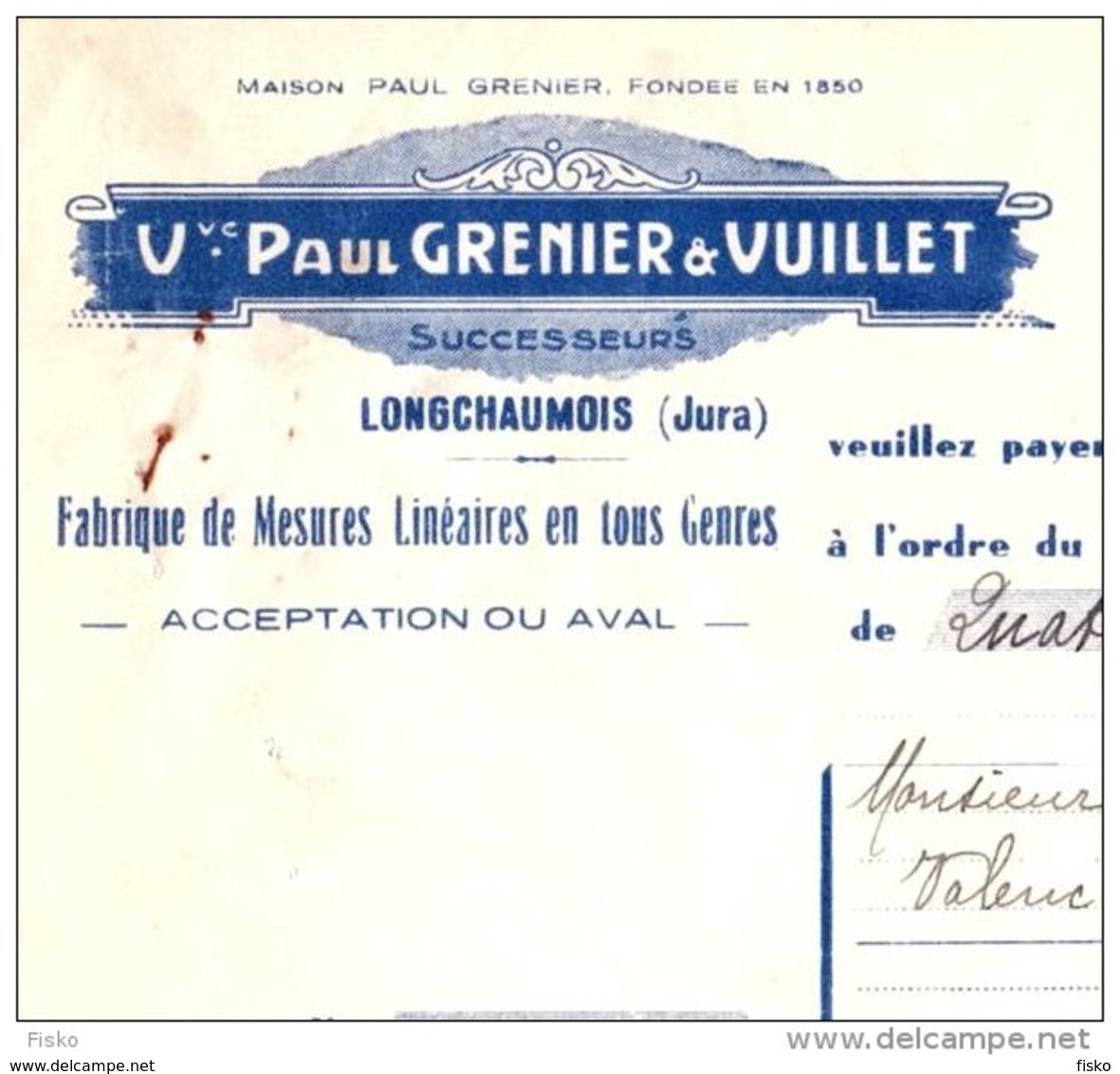 PAUL GRENIER  &amp; VUILLET    Fabriques De Mesures Linéaires  LONGCHAUMOIS  (Jura)   Fiscal - Lettres De Change