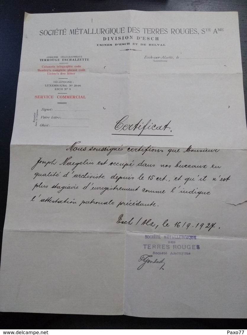 Société Métallurgique Des Terres Rouges / Division D'Esch - Certificat 1927 - Luxemburg