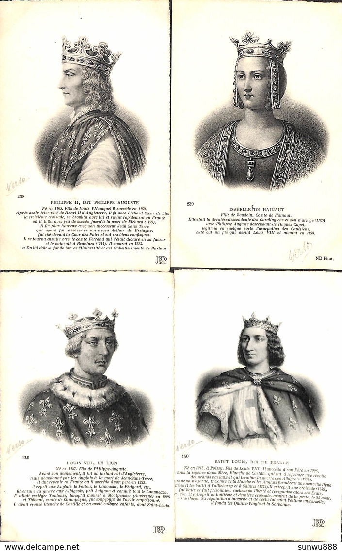 Famille - Roi & Reine Lot 4 Cartes Philippe II, Louis VIII Isabelle De Hainaut Saint Louis (+annotations) - Familles Royales