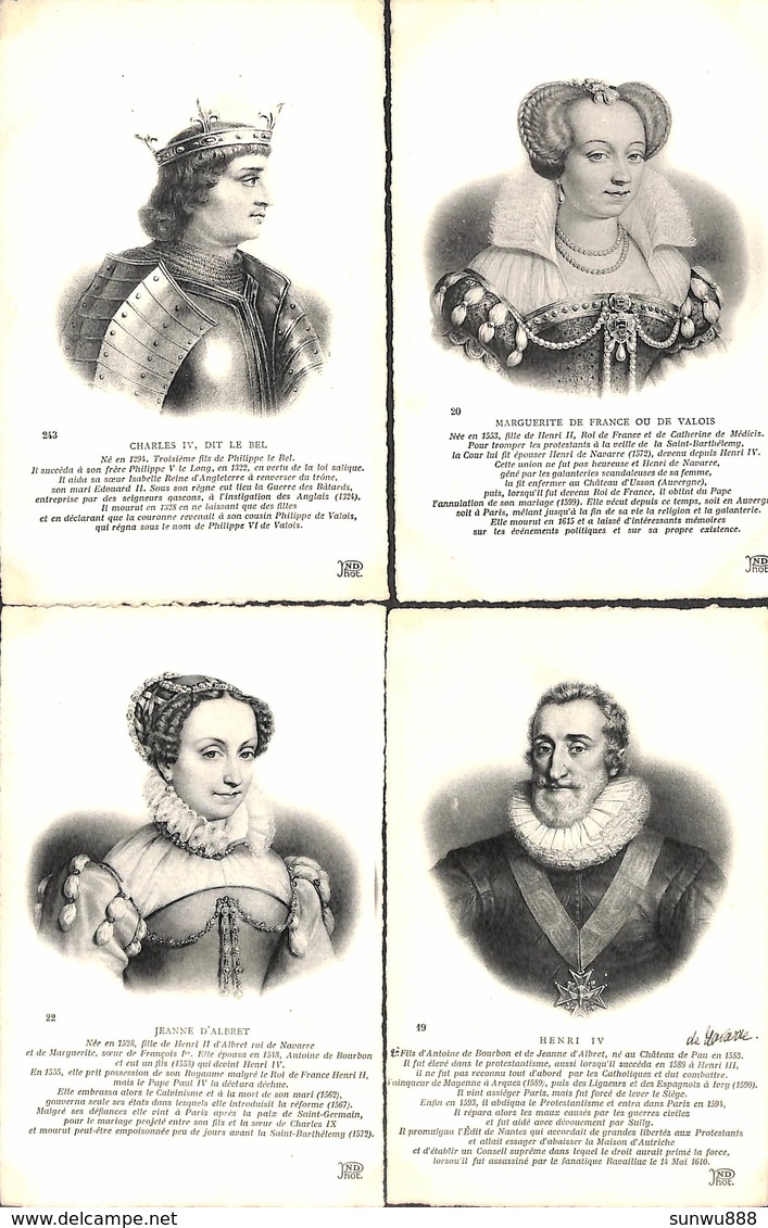 Famille - Roi & Reine Lot 4 Cartes Charles IV Le Bel Jeanne D'Albret Marguerite De Valois Henri IV (+annotations) - Familles Royales