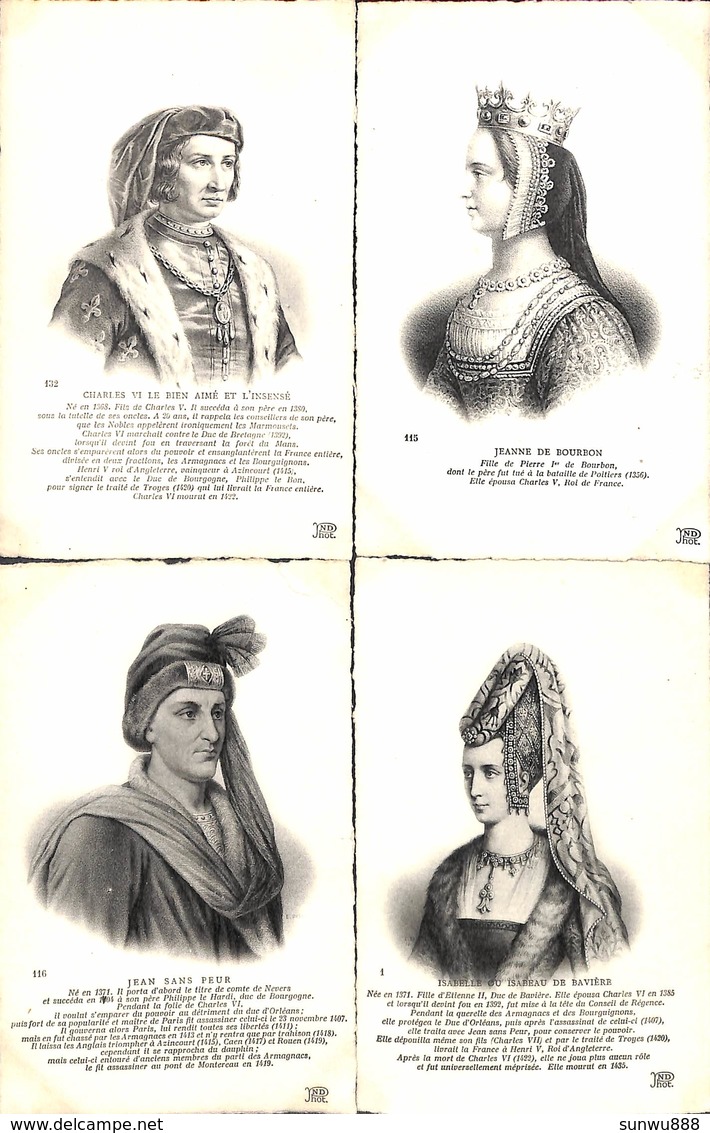 Famille - Roi & Reine Lot 4 Cartes Charles VI Jean Sans Peur Jeanne De Bourbon Isabelle De Bavière (+annotations) - Familles Royales