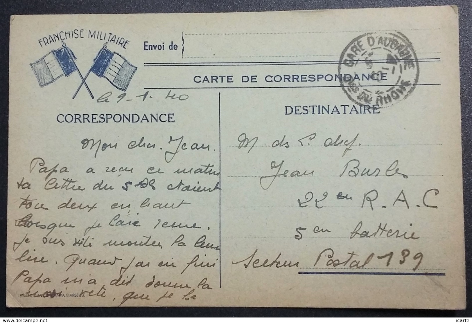 Carte De Franchise Militaire 2 Drapeaux Impression Bleue Sur Carton Gris De Gare D'Aubagne Vers 22e R.A.C. Janv 1940 - Lettres & Documents