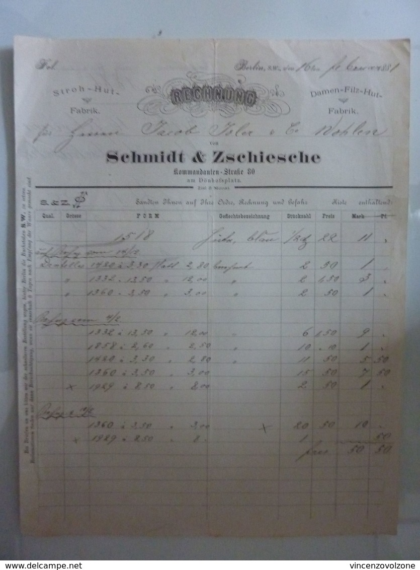 Fattura "SCHIMDT & ZSCHIESCHE  Berlin" 1888 - Vestiario & Tessile