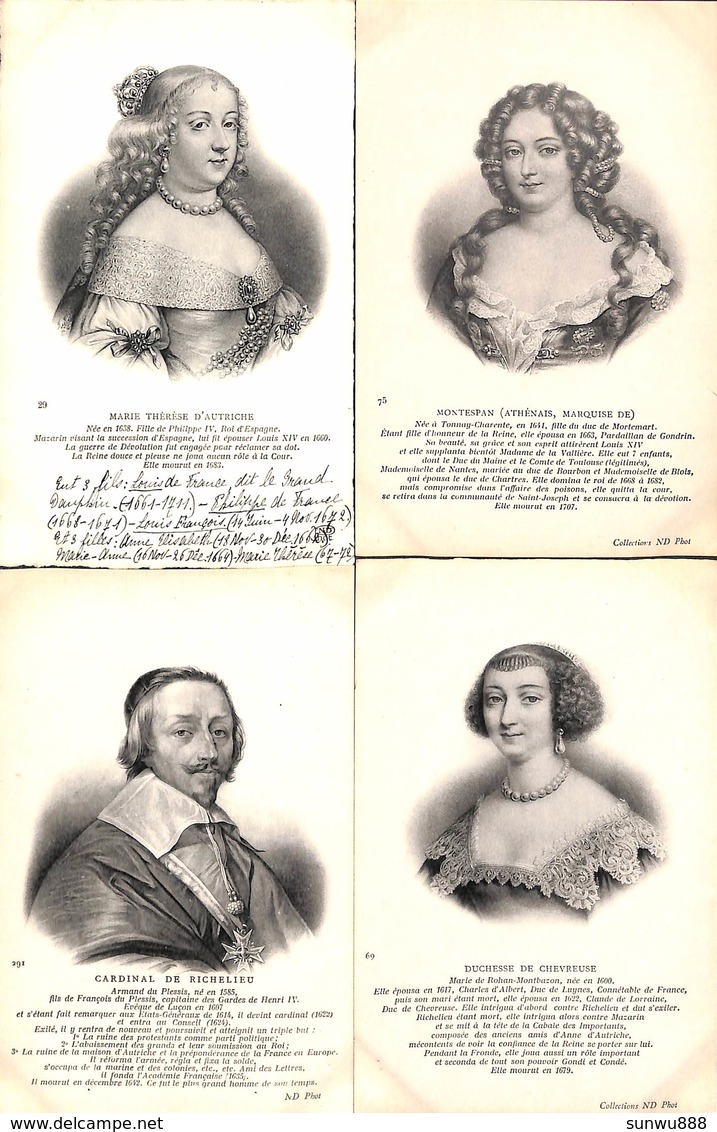 Famille - Roi & Reine Lot 4 Cartes Marie Thérèse D'Autriche Montespan Richelieu Duchesse De Chevreuse(+annotations) - Familles Royales