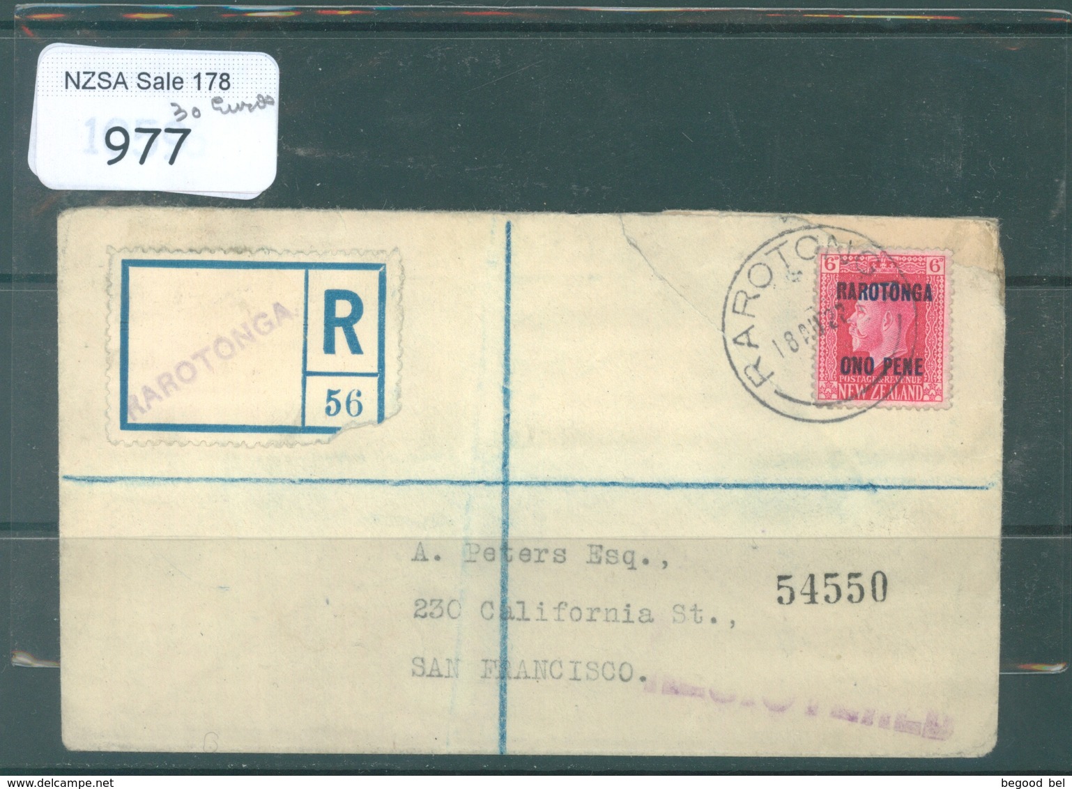 COOK RAROTONGA - 18.8.1927 - REGISTERED MAIL TO SAN FRANCISCO SOLD 30 Eur IN AN AUCTION  - Yv 10 Mi 10 - Lot 18688 - Cook