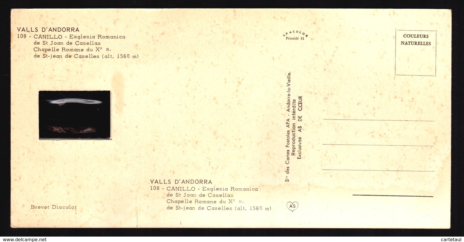 !!! ANDORRA ANDORRE !!! Carte Postale Diacolor Avec Sa Diapositive édition APA N° 108 Canillo St Jean Casell  Série Rare - Andorre