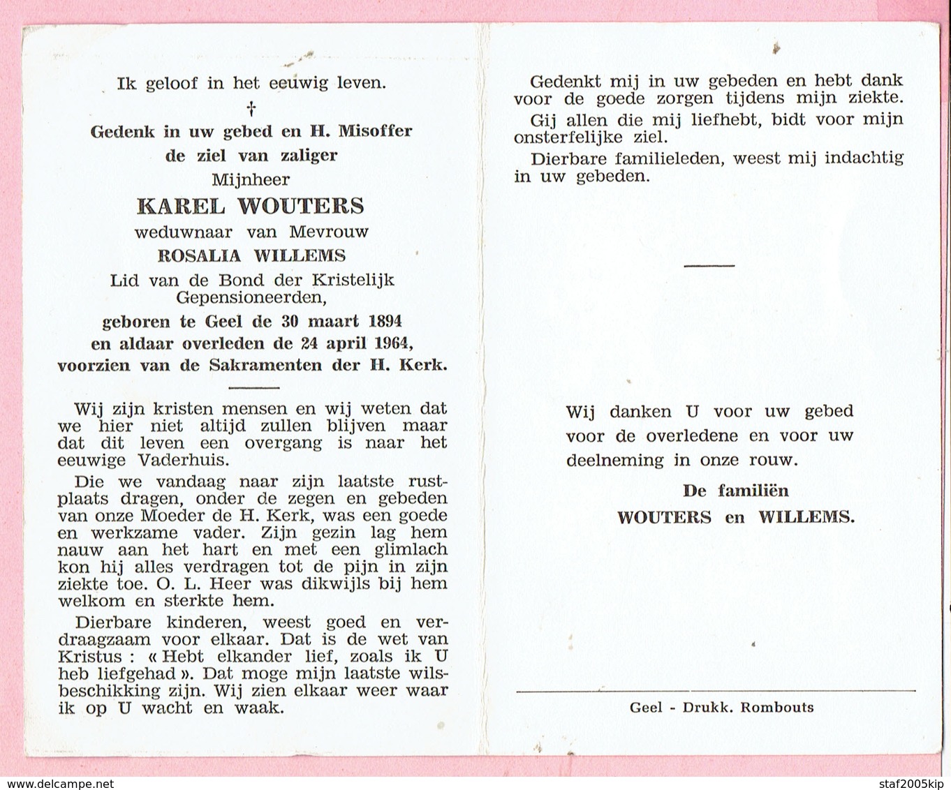 Bidprentje - Karel WOUTERS Wed. Rosalia WILLEMS - Geel 1894 - 1964 - Religion & Esotérisme