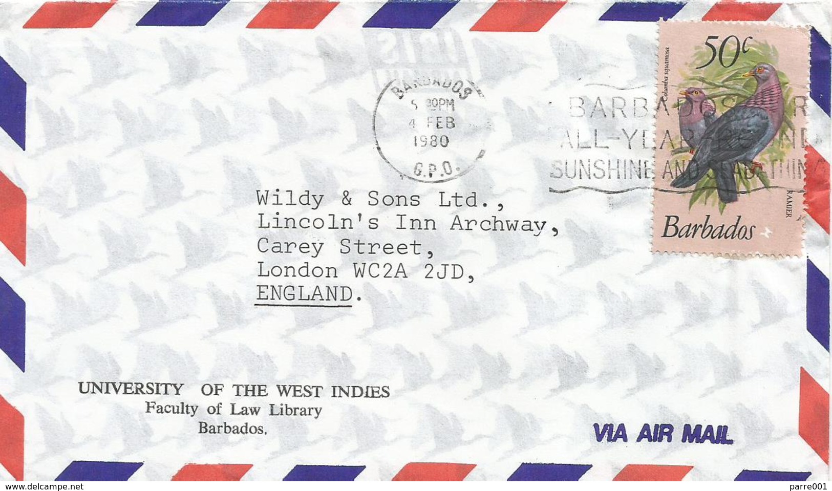 Barbados 1980 Bridgetown Scaled Pigeon Columba Squamosa Dove University Cover - Duiven En Duifachtigen