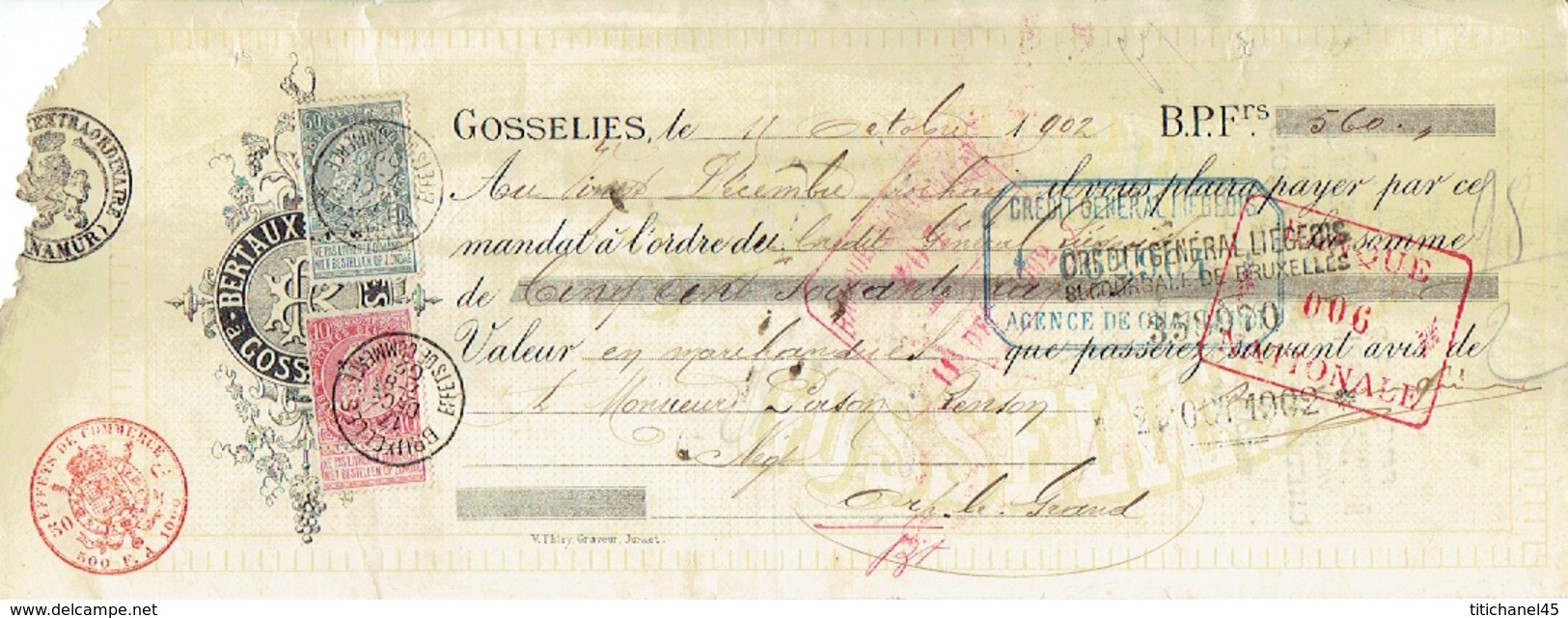 Fine Barbe N°58 Et 63 Perforés CGL (CREDIT GENERAL LIEGEOIS)1902 BRUXELLES (EFFET DE COMERCE) S/mandat De GOSSELIES - 1863-09