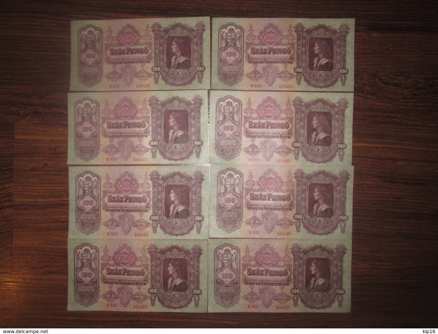 8x1930 HUNGARY 100 PENGO, CONSECUTIVE NUMBERS - Hongrie