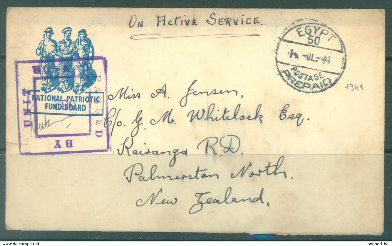 EGYPT - 14.7.1941 - POSTAGE PREPAID TO NEW ZEALAND CENSOR PASSED  - ACTIVE SERVICE 25523 - Lot 18689 - Lettres & Documents