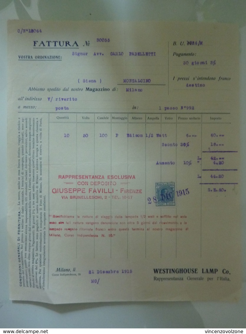 Fattura "WESTINGHOUSE LAMP & CO. Rappresentanza Generale Per L'Italia, MILANO" 1915 - Italie