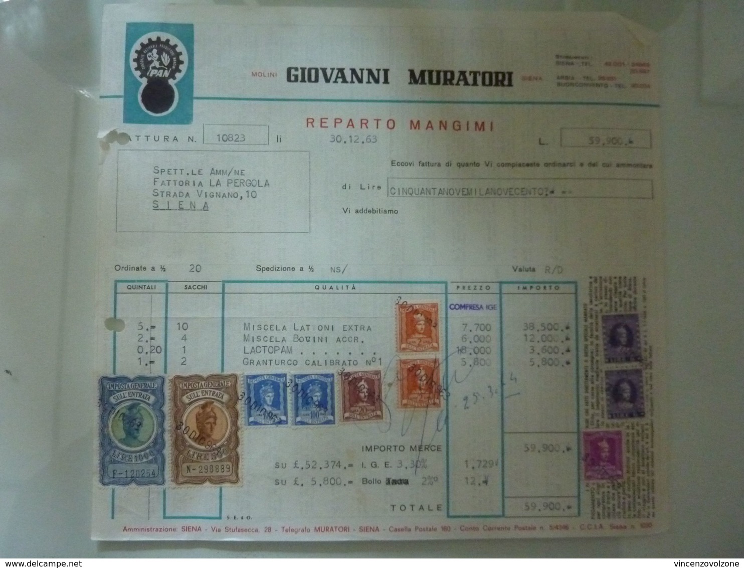 Fattura "GIOVANNI MURATORI REPARTO MANGIMI SIENA" 1963 - Italia