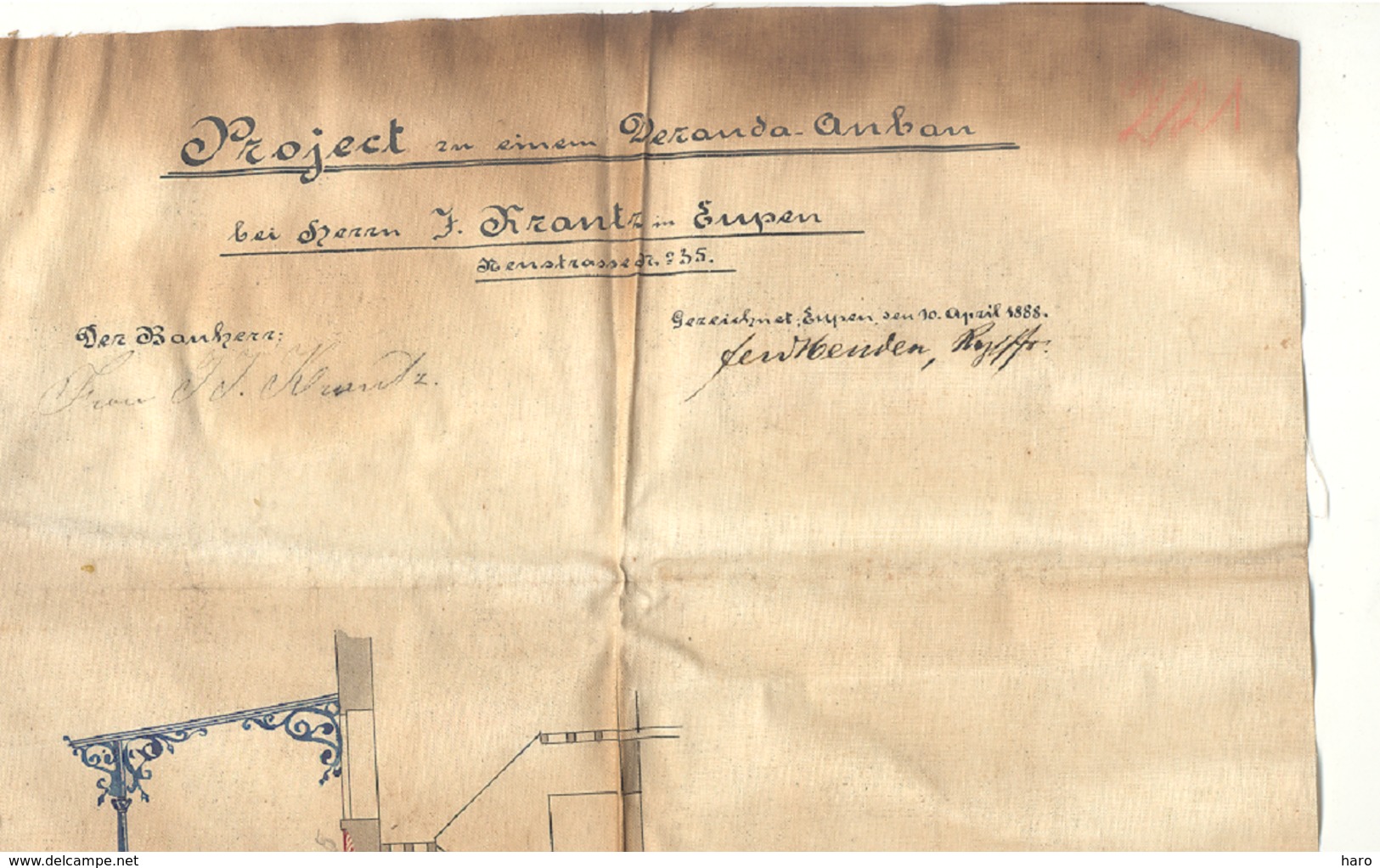 TOP - Plan Sur Tissu Toilé D'un Projet De Veranda à EUPEN , Neustrasse N° 35 En 1888 Pour Mr J. Krantz  (nod1) - Architectuur