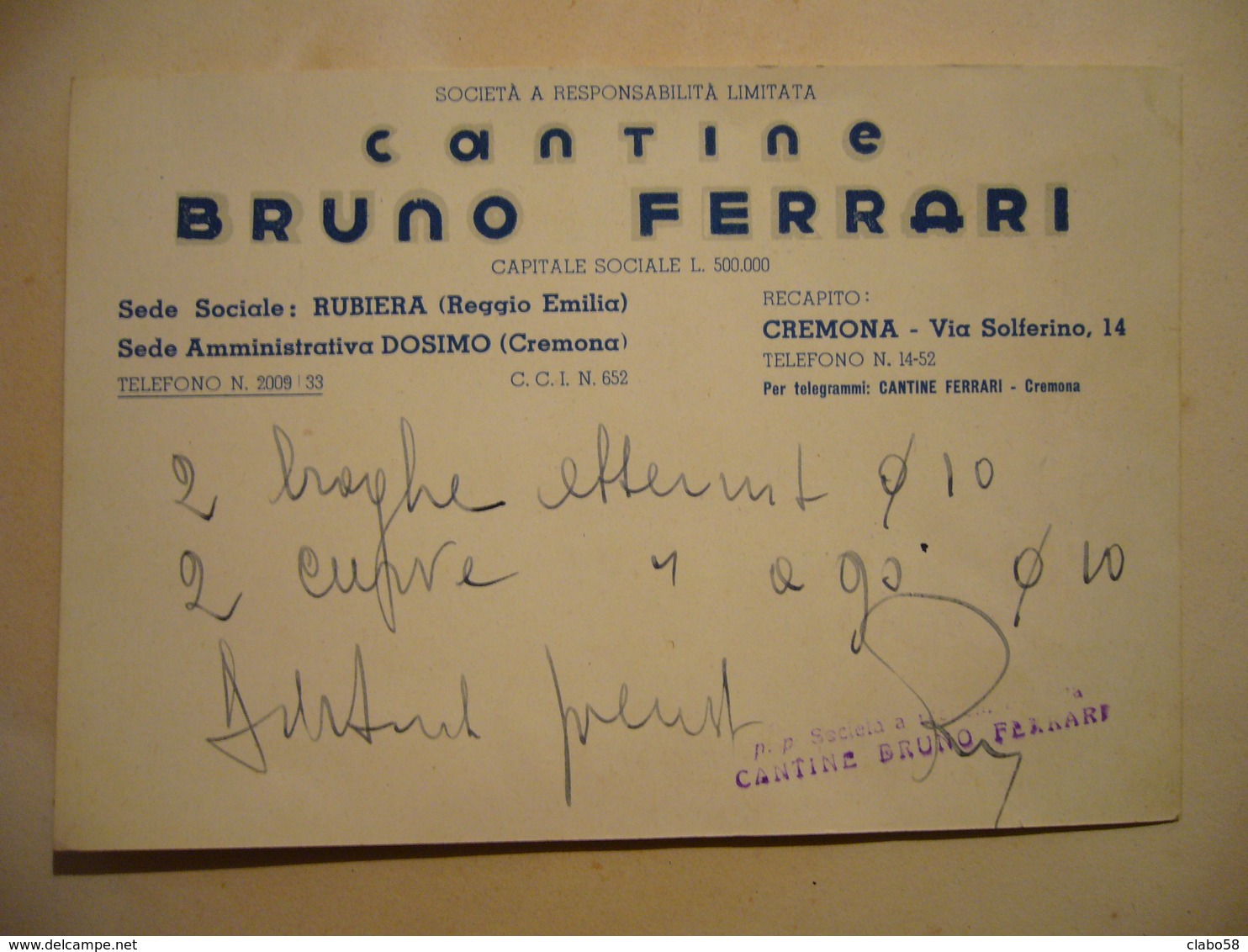 1949  CANTINE  BRUNO FERRARI  REGGIO EMILIA   CARTOLINA D'ORDINE - Pubblicitari