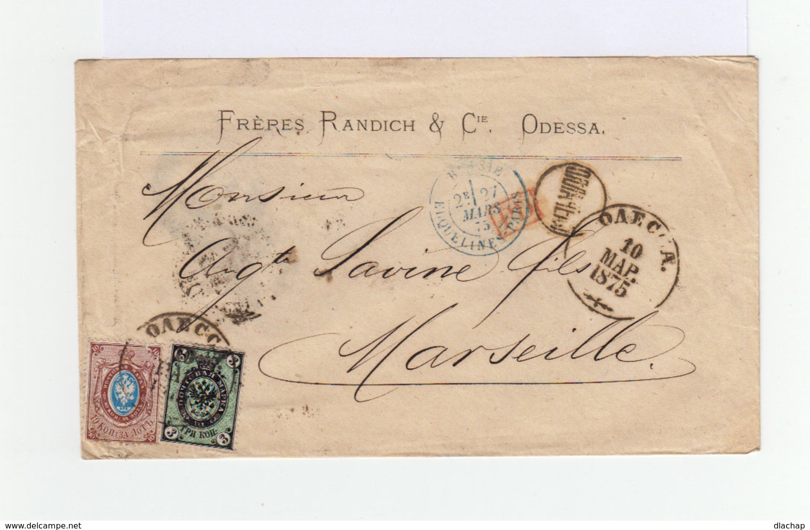 Sur Enveloppe   Timbres Empire Russe Armoiries: 10 K. Et 3 K. CAD Odessa 1875. C. D'entrée Bleu Erquelines (974) - Machines à Affranchir (EMA)