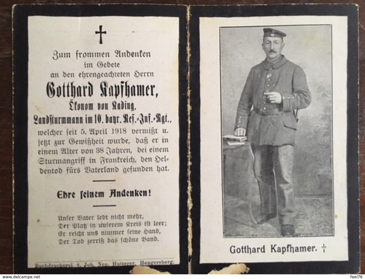 Sterbebild Wk1 Bidprentje Avis Décès Deathcard RIR10 5. April 1918 Aus Kading - 1914-18