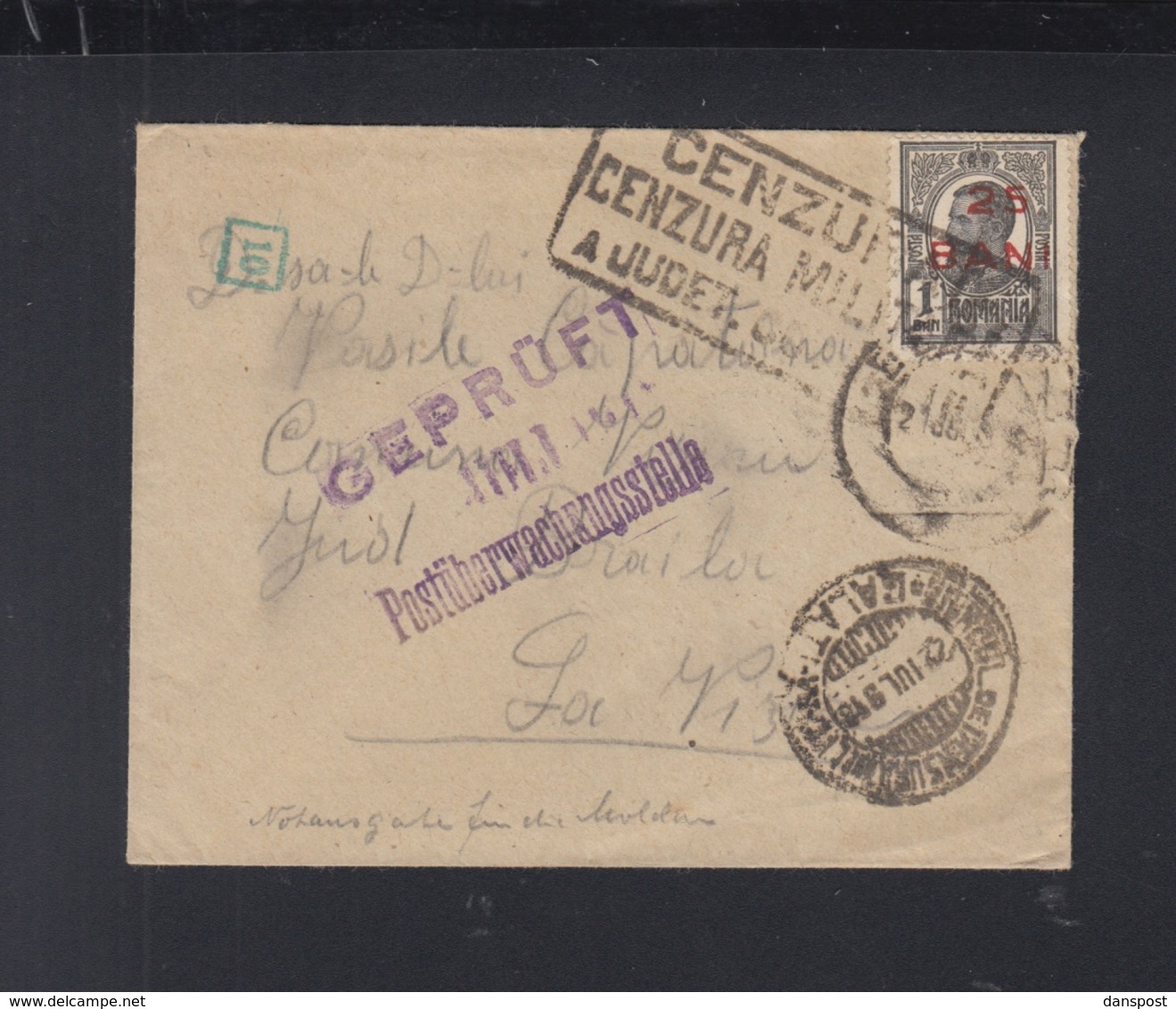 Romania Cover 1918 Overprint Censor - Storia Postale Prima Guerra Mondiale