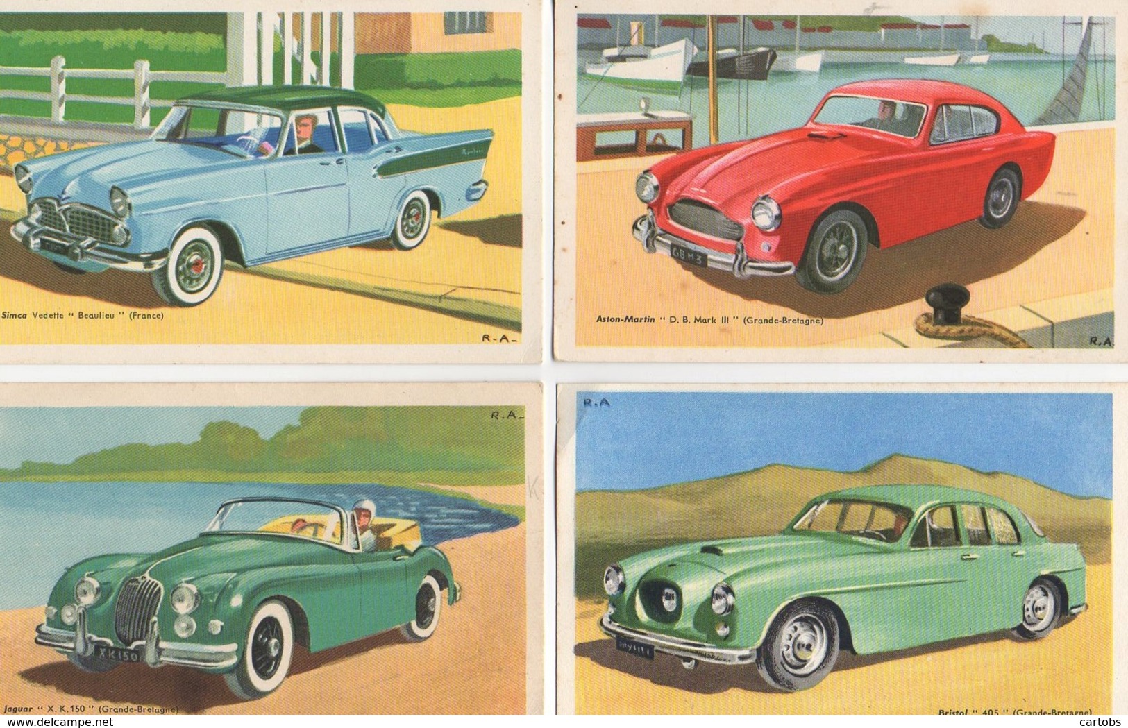 Beau LOT De 6 Cartes Illustrées Des Années 50  (1) ( Jaguard ,Simca Vedette ,Aston-Martin...) - Autres & Non Classés