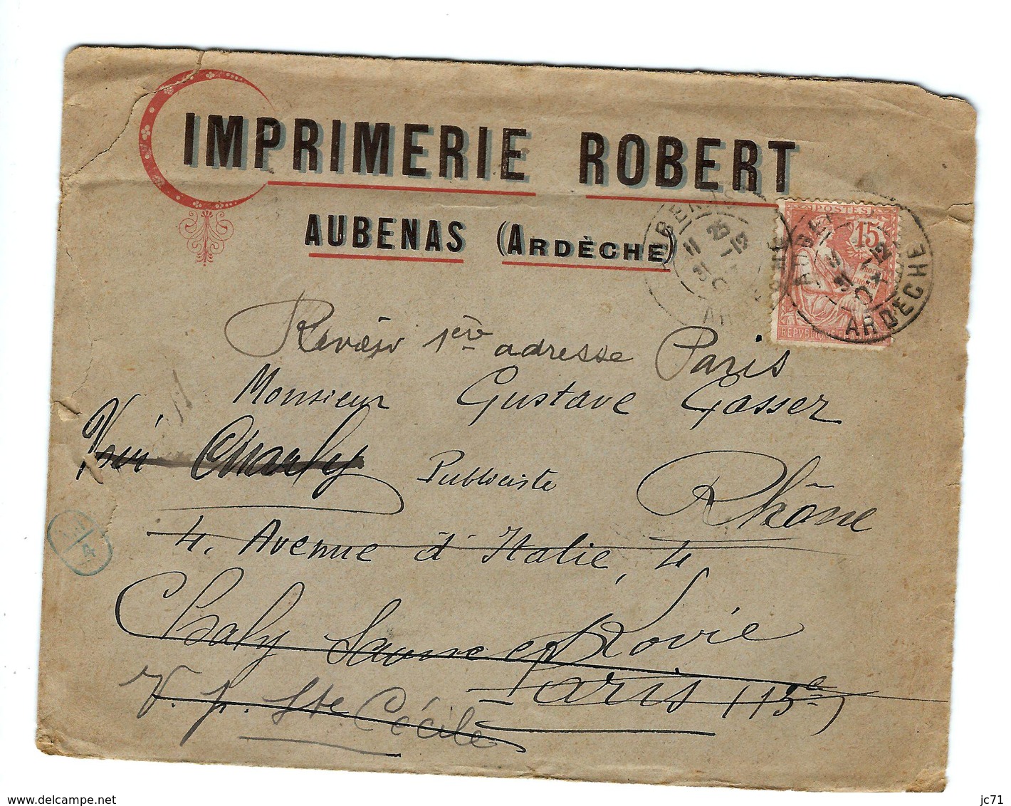 07 - Aubenas- Ardèche -  Imprimerie ROBERT - Enveloppe - Bel Affranchissement - 1903- Mouchon Retouche YT 125 - Publicités