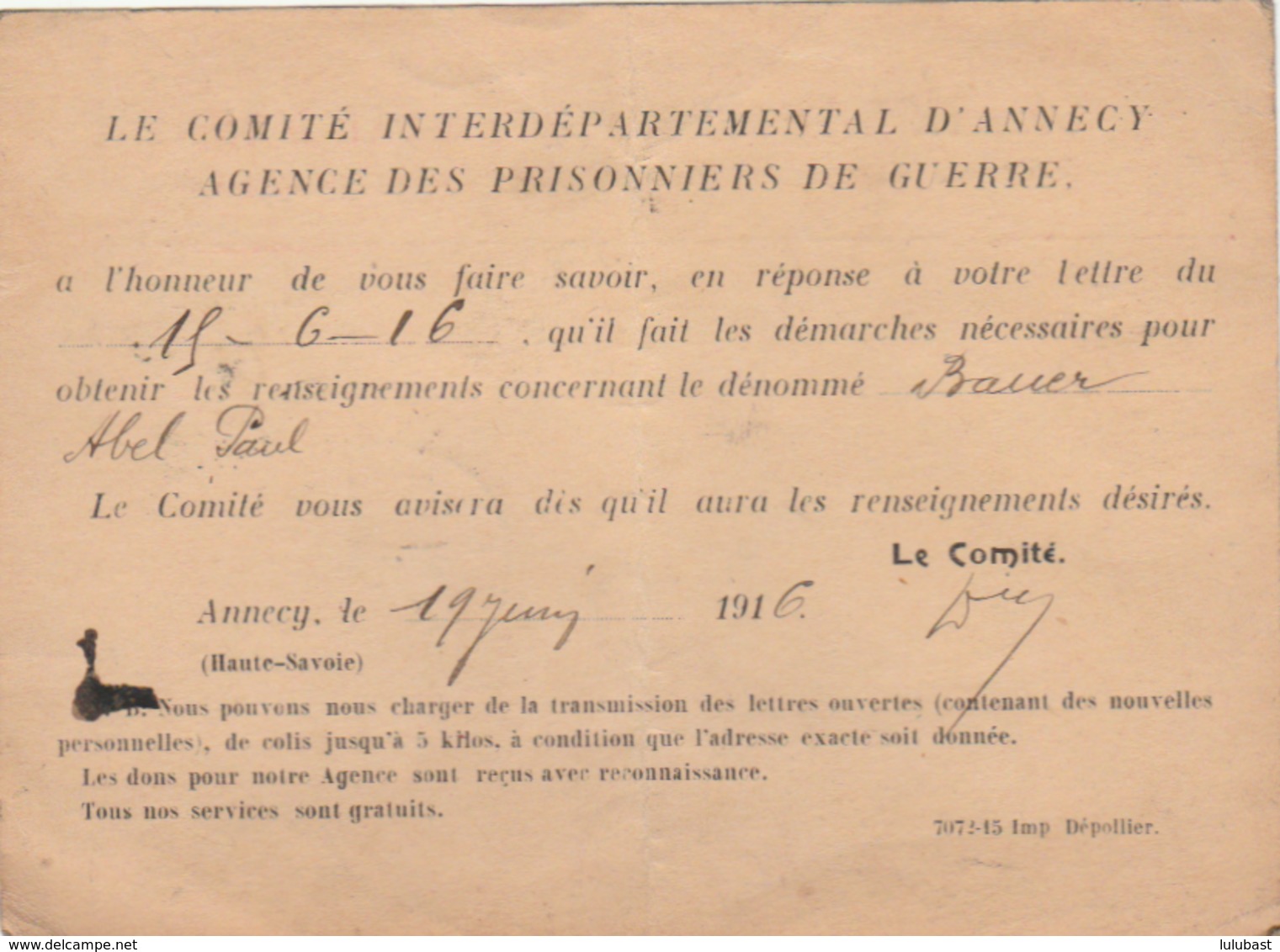 Croix Rouge - Comité Interdépartemental D'ANNECY : Carte De L'Agence Des Prisonniers De Guerre. - Oorlog 1914-18