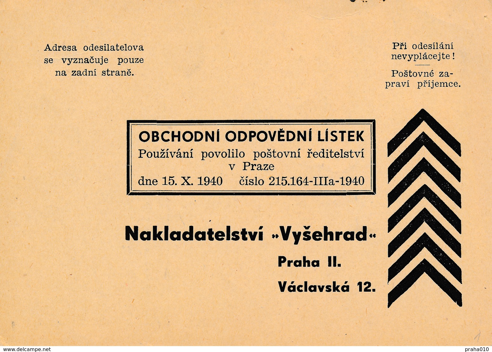 N0089 - Böhmen Und Mähren (1940) Business Responsibility Correspondence Ticket (publishing House "Vysehrad") - Briefe U. Dokumente