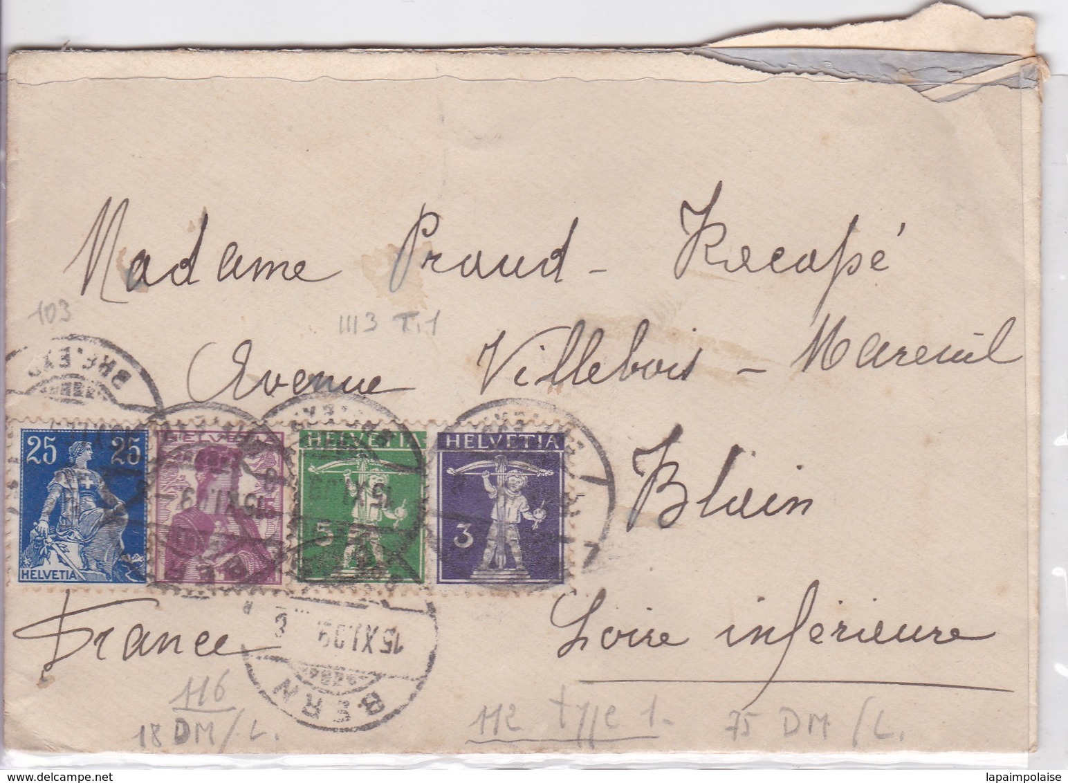 Suisse Lettre 1939 De Bern (cachet ) A France Blain 44 Loire Atlantique - Cartas & Documentos