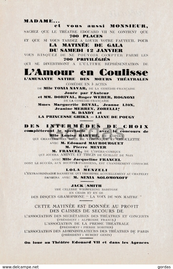 France - Program - Theatre Edouard VII - "L'Amour En Coulisse" - Programmes