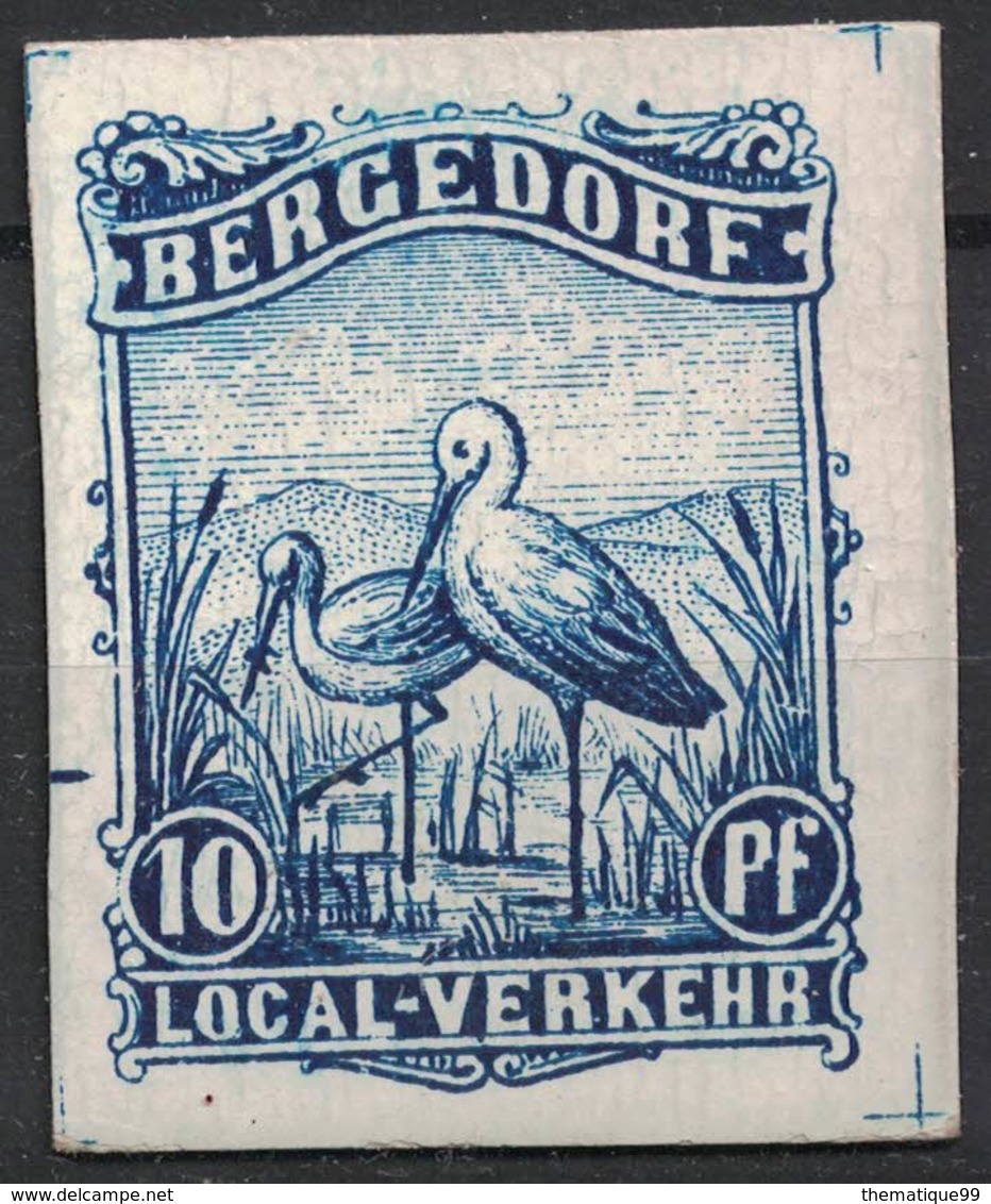 Epreuve D'un Timbre De La Poste Locale Allemande De Bergedorf Sur Carton (1887): Cigogne Avec Une Grenouille Dans Le Bec - Storchenvögel