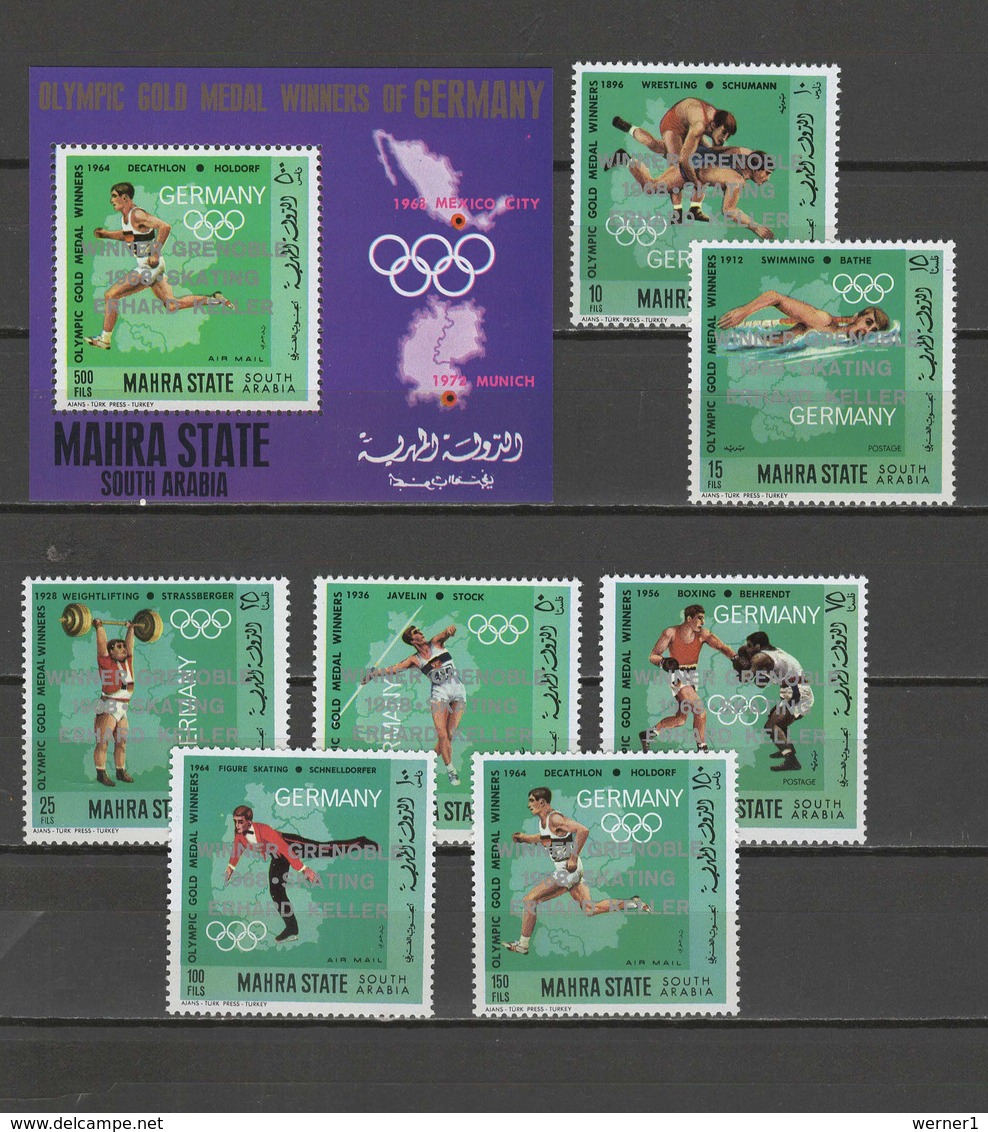 Aden - Mahra State 1968 Olympic Games Grenoble, German Winners Set Of 7 + S/s With Silver Overprint MNH - Winter 1968: Grenoble