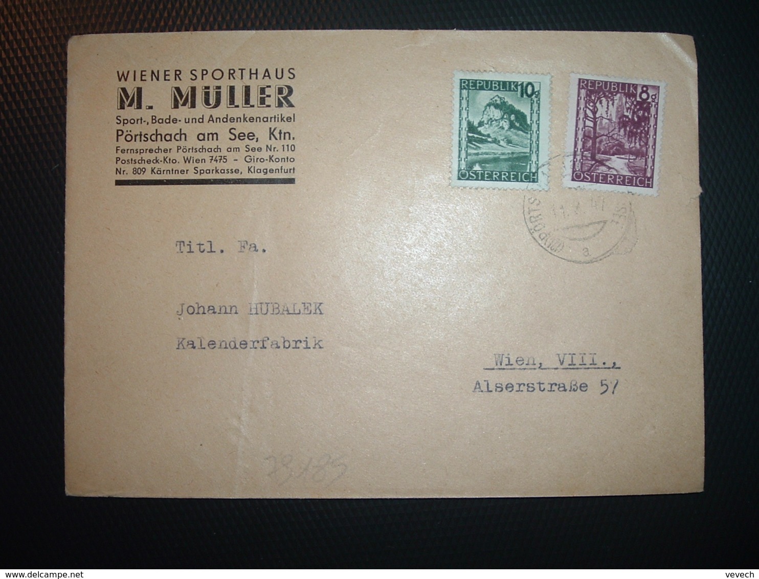 LETTRE TP 10g + TP 8g Paire OBL.11-3 47 PORTSCHACH AM SEE + WIENER SPORTHAUS M. MULLER - Lettres & Documents