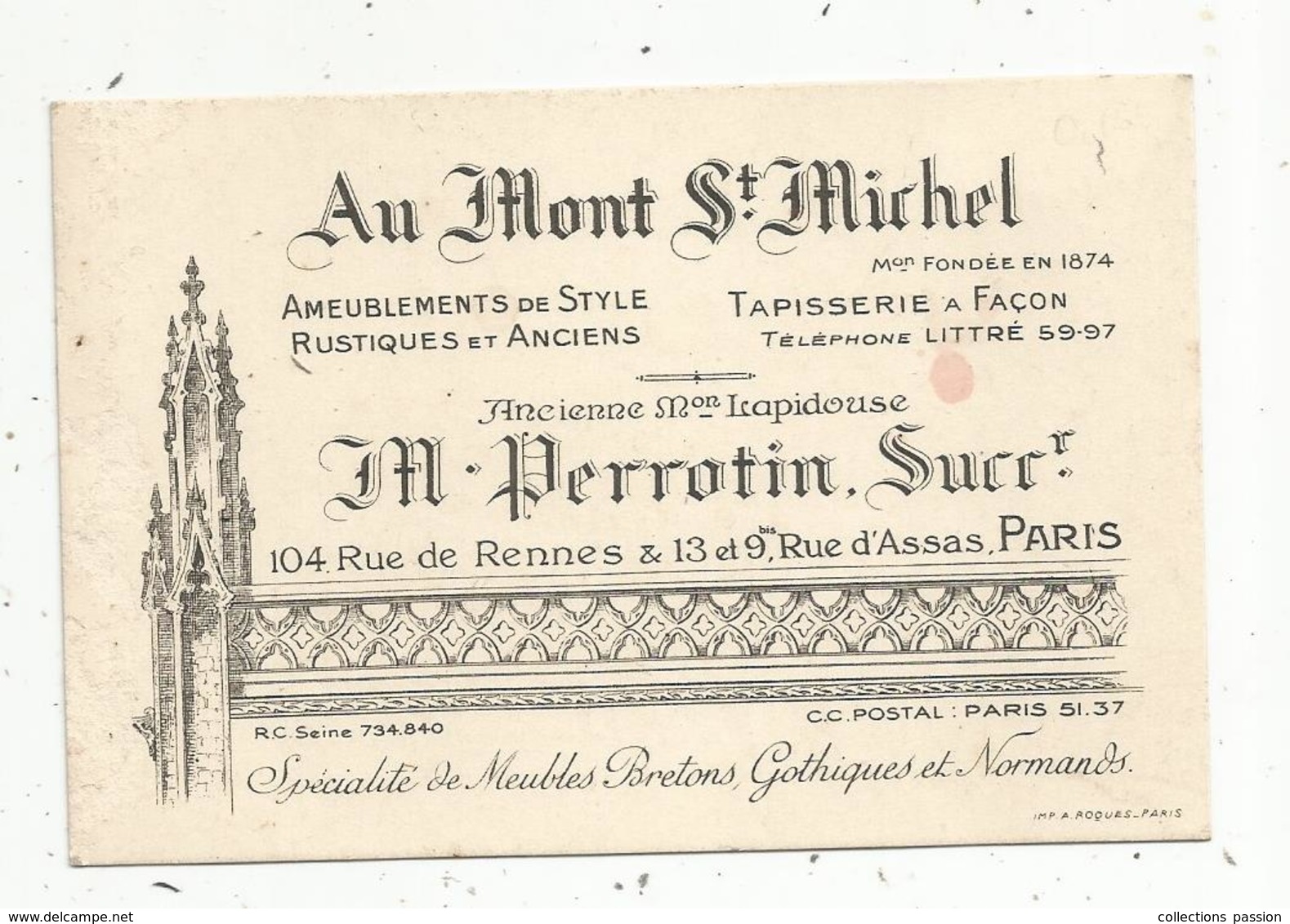 Carte De Visite , Ameublements , Tapisserie AU MONT SAINT MICHEL , M. Perrotin , Paris - Cartes De Visite