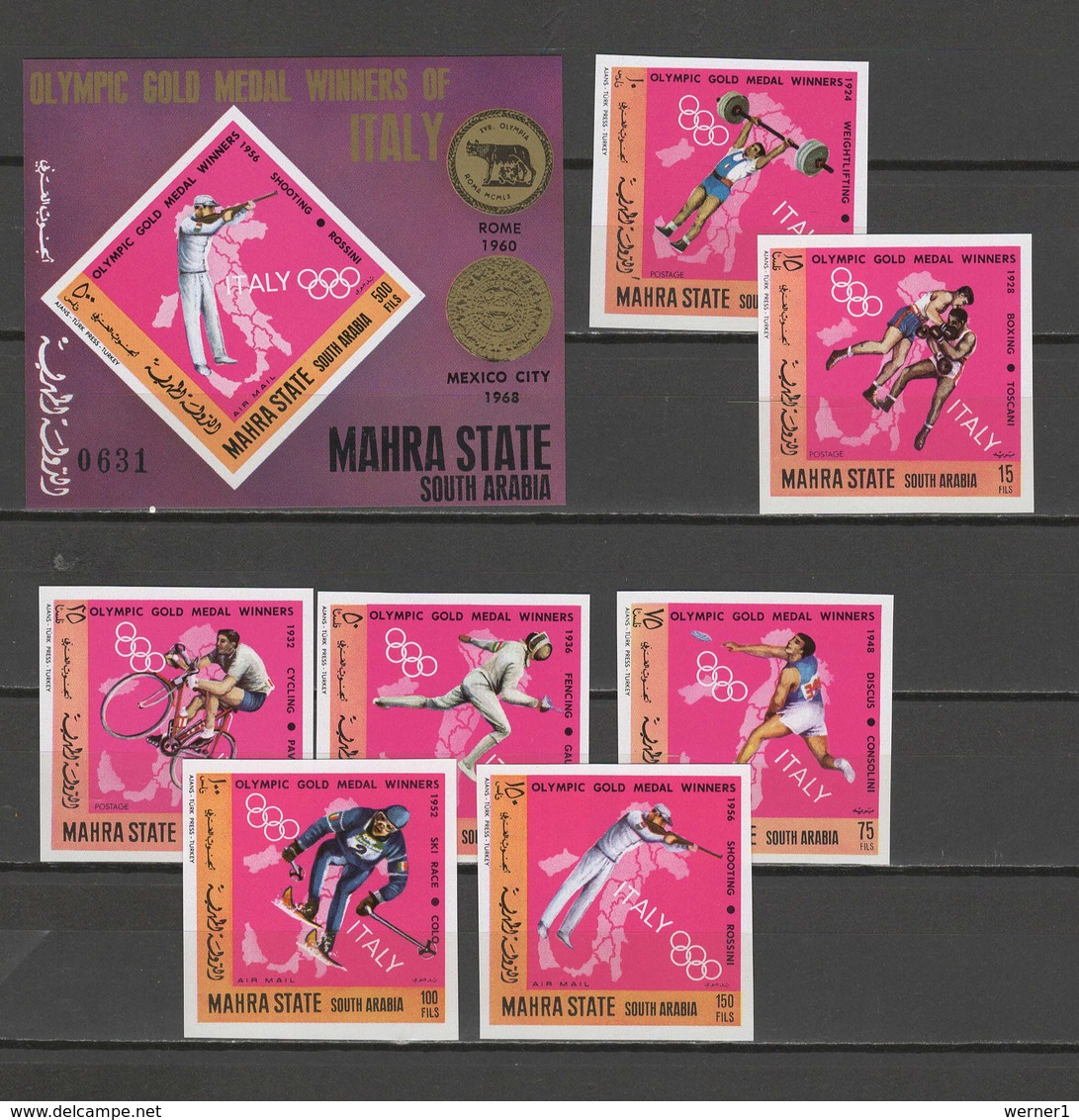 Aden - Mahra State 1968 Olympic Games Mexico, Cycling, Fencing Etc. Italian Winners Set Of 7 + S/s Imperf. MNH -scarce- - Summer 1968: Mexico City