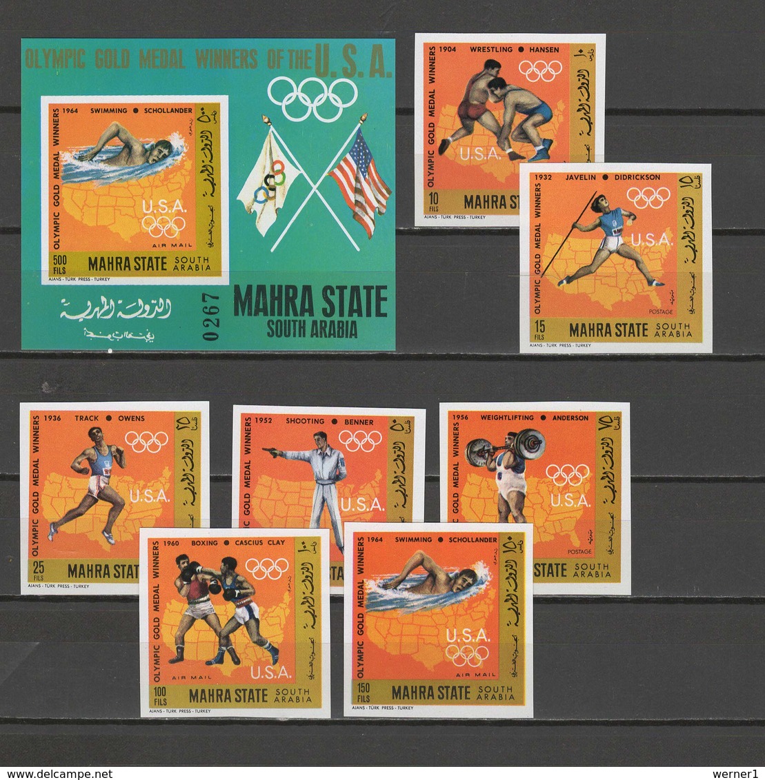 Aden - Mahra State 1968 Olympic Games Mexico, Swimming Etc. USA Winners Set Of 7 + S/s Imperf. MNH -scarce- - Sommer 1968: Mexico