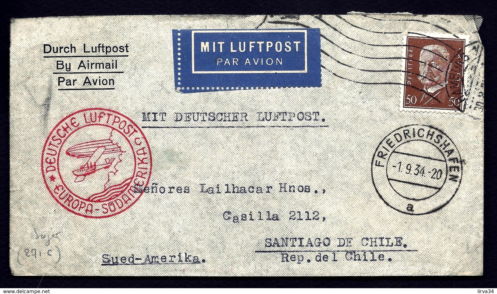 POSTE AÉRIENNE PAR GRAF ZEPPELIN 1934- 5 Eme VOYAGE ALLER AMERIQUE SUD- CHILI- 1-9-34- 2 SCANS - Airmail & Zeppelin