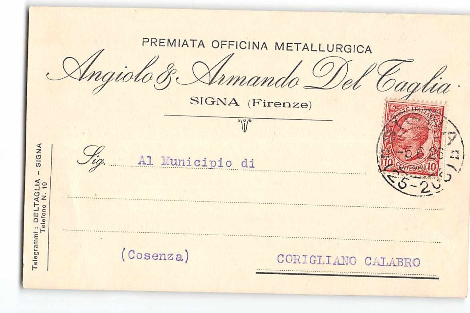 16586 DEL TAGLIA OFFICINA METALLURGICA SIGNA FIRENZE X CORIGLIANO CALABRO - Storia Postale