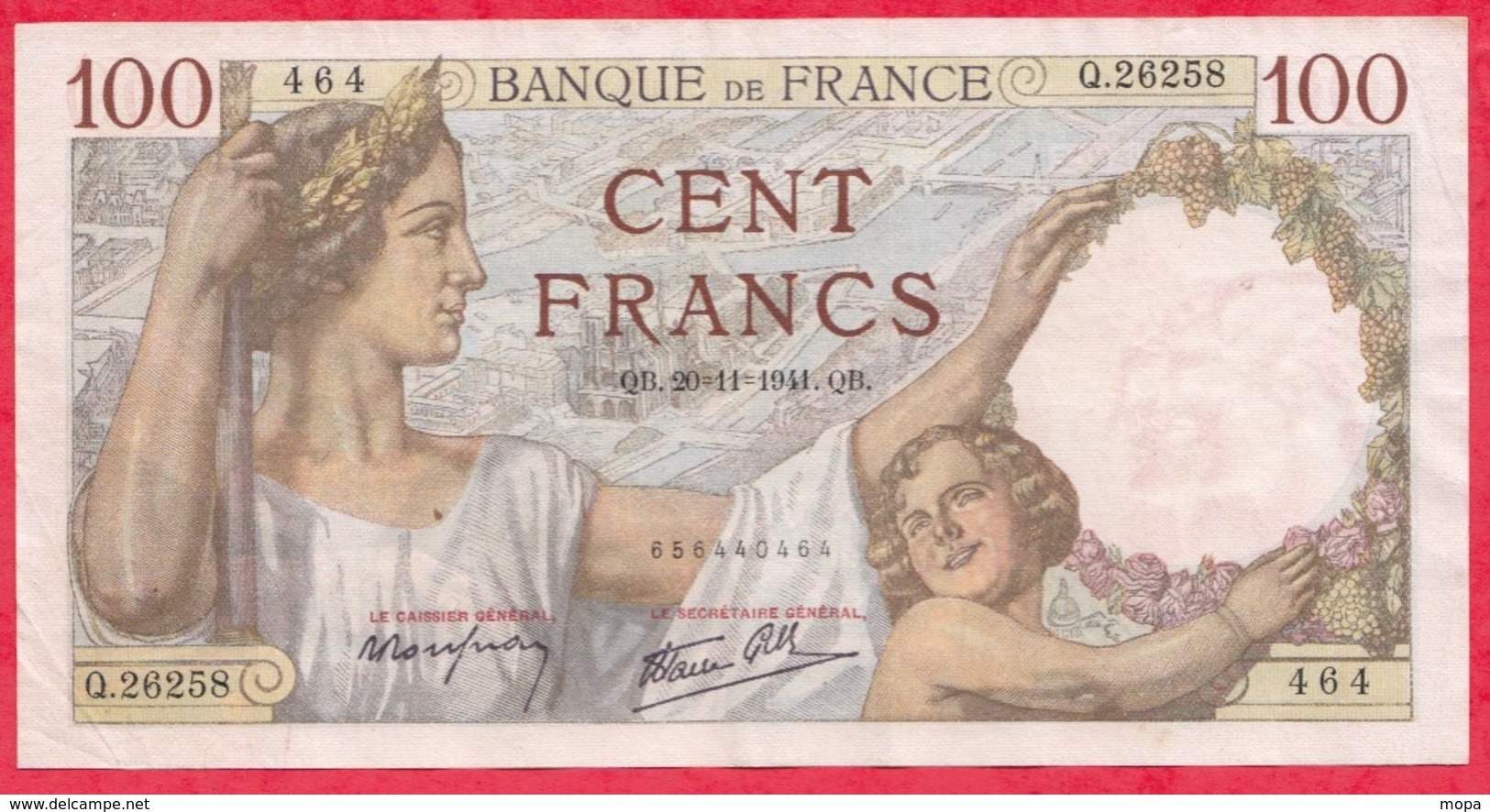 100 Francs "Sully" Du 20/11/1941.QB---VF/SUP+---Série.Q.26258 -AUCUN TROU D EPINGLE - 100 F 1939-1942 ''Sully''