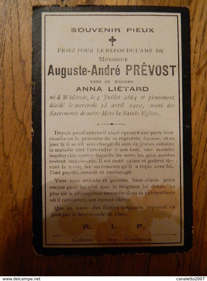 WILLERZIE :SOUVENIR DE DECE DE AUGUSTE ANDRE PREVOST EPOUX ANNA LIETARD 1864-1910 - Images Religieuses