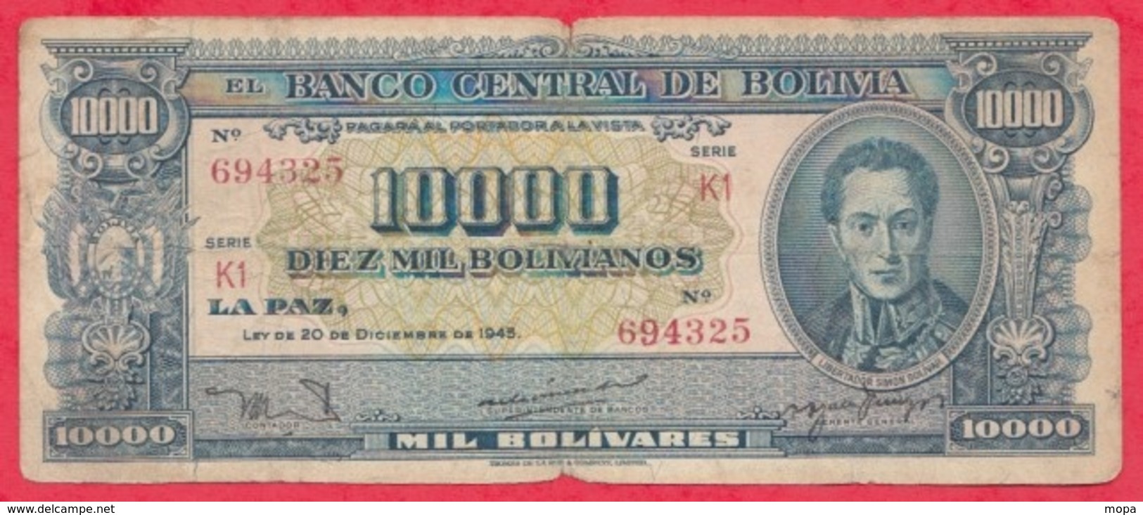 Bolivie -10000 Bolivianos Du 20/12/1945---G/TB+( FORTE COTE EN UNC PEU COMMUN) - Bolivie