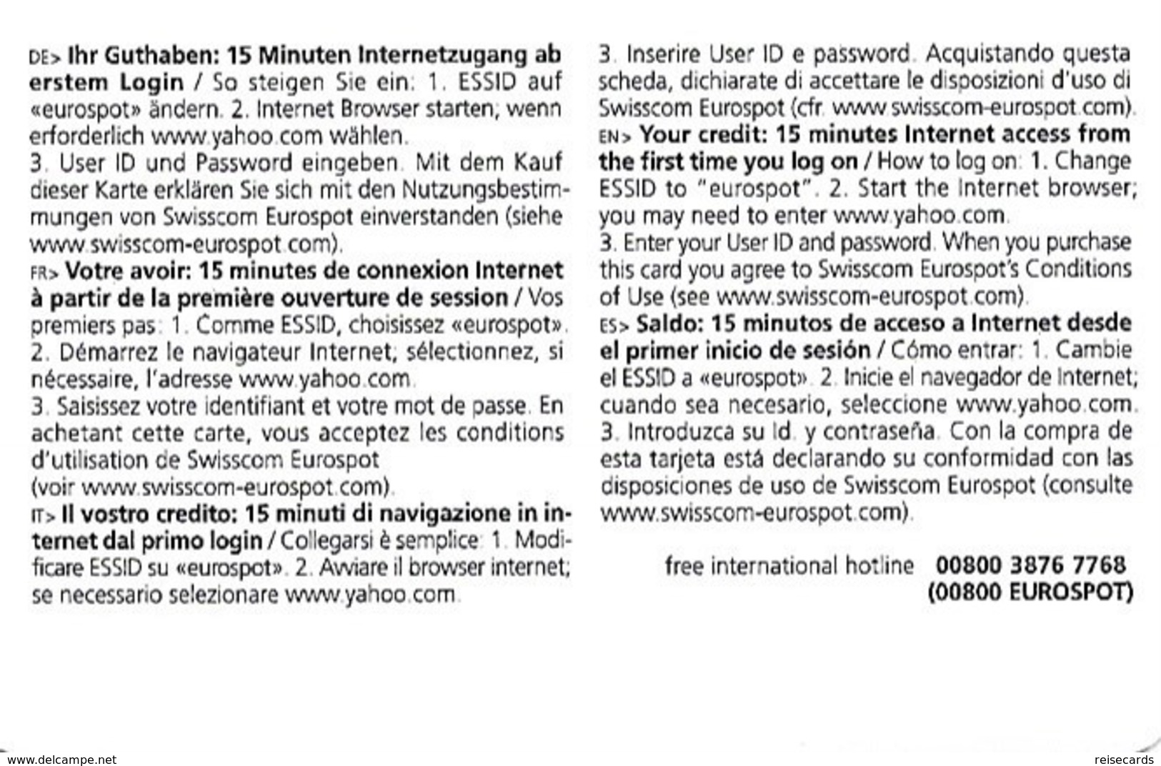 Internet: Swisscom - Eurospot, Wireless LAN Access Card - Schweiz