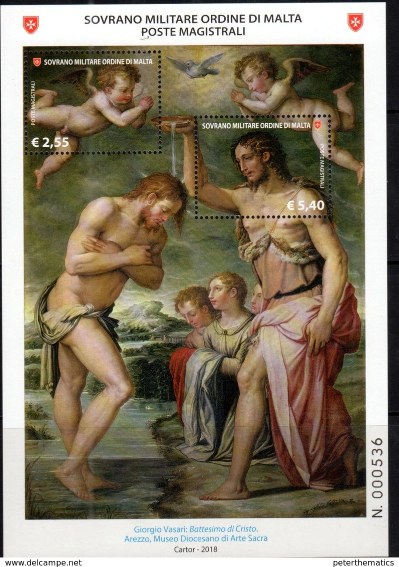 SOVEREIGN MILITARY ORDER OF MALTA, SMOM, 2018, MNH, RELIGIOUS ART, GIORGIO VASARI, BAPTISM OF CHRIST, SHEETLET - Religious